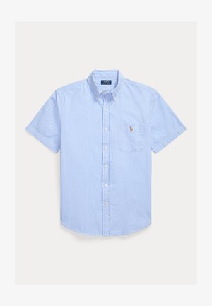 Camisa de manga corta a rayas verticales azules y blancas con botones, bolsillo en el pecho y logotipo bordado en el bolsillo.