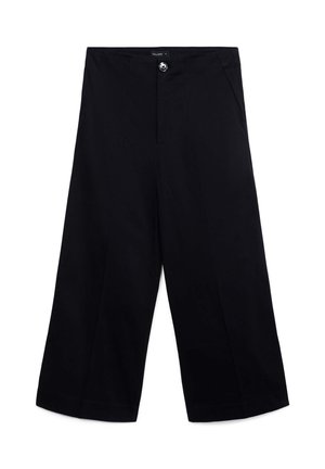 Pantaloni neri cropped a gamba larga a vita alta con chiusura frontale a bottone e tasche laterali, disposti su uno sfondo bianco.