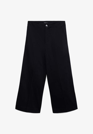 Pantaloni neri cropped a gamba larga a vita alta con chiusura frontale a bottone e tasche laterali, disposti su uno sfondo bianco.