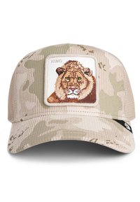 Casquette camouflage beige en tissu velours côtelé, avec un patch carré présentant un visage de lion brodé. La sangle réglable se trouve à l'arrière.