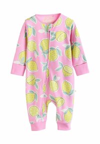 Romper rosa con stampa di limoni, maniche lunghe, chiusura frontale con zip e polsini. Realizzato in un tessuto morbido e elasticizzato con una texture liscia.