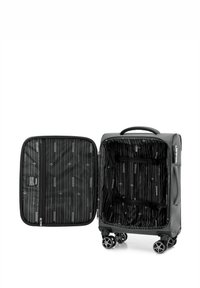 Grauer Hartschalenkoffer mit vier Rädern, Doppelreißverschluss und schwarzem Innenfutter mit Linienmuster sowie verstellbaren Gurten zur besseren Organisation.