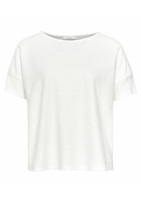 Bílý top s krátkými rukávy, volný střih, texturovaná látka, kulatý výstřih a lehce zakřivený lem. Viditelná značka.