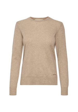 Beige langdikke trui met een ronde hals, gemaakt van zachte, gestructureerde stof, met een subtiele logo-accent dichtbij de zoom.