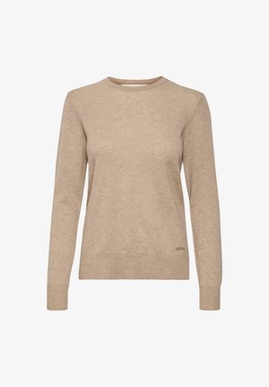 Vaskbeige pika varrukaga kootud sviiter ümarate kaelustega, valmistatud pehmest ja tekstuursetest materjalidest, millel on diskreetne logoaktsent allääres.