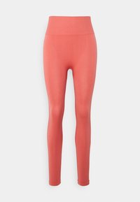 Leggings corais feitos de um tecido elástico com uma cintura alta canelada, apresentando uma textura suave e um design de perna justo sem bolsos.
