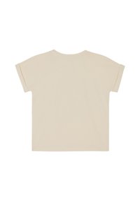 Ivory korte mouwen t-shirt met een klassieke ronde hals, voorzien van opgerolde mouwen en een zachte, gladde katoenstructuur. Achteraanzicht zonder graphics.