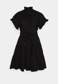 Schwarzes Kleid mit gerafftem Kragen, kurzen Ärmeln, Knopfleiste vorne und Bindegürtel. Es verfügt über einen gestuften, ausgestellten Rock und eine weiche Stoffstruktur.