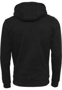 Sweat à capuche noir à manches longues avec capuche, poignets et taille côtelés, vu de dos sur fond blanc.