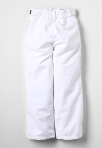 Bílé sněhové kalhoty s elastickým pasem, bočními kapsami a volným střihem. Vyrobené z voděodolného materiálu s hladkou strukturou.