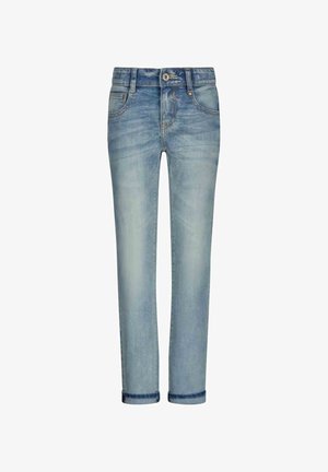 Jean en denim bleu clair avec une coupe droite, comprenant cinq poches, un léger effet délavé et un revers roulé aux chevilles.