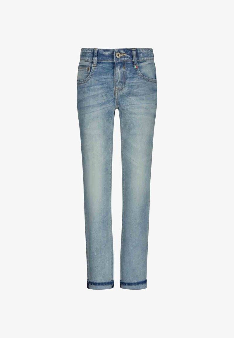 Jean en denim bleu clair avec une coupe droite, comprenant cinq poches, un léger effet délavé et un revers roulé aux chevilles.