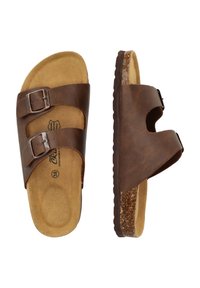 Braune Ledersandalen mit zwei verstellbaren Schnallenriemen, konturiertem Fußbett und Korksohle. Sie haben eine sanft abgerundete Zehe und eine strukturierten Außensohle.