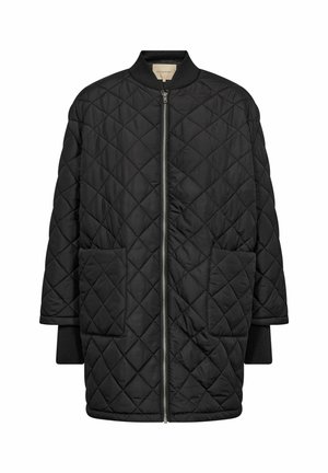 Černá prošívaná bunda s žebrovaným límcem, zapínáním na zip a dvěma předními kapsami. Hladký povrch a strukturovaný design s uvolněným střihem.