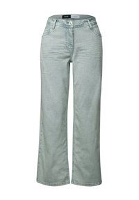 Ljusblå vida jeans i denim med en slät yta, med framfickor, knäppning och subtila sömnadsdetaljer.