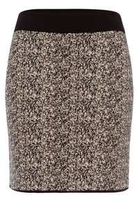 Jupe crayon tricotée avec une taille noire et un motif tacheté beige, noir et crème, présentant une silhouette ajustée.