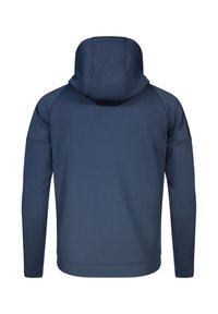 Sweat à capuche bleu marine vu de dos avec des manches longues et un tissu ajusté et lisse.