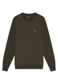 Felpa verde oliva in tessuto morbido, con maniche lunghe, collo rotondo e un piccolo logo giallo sul petto.