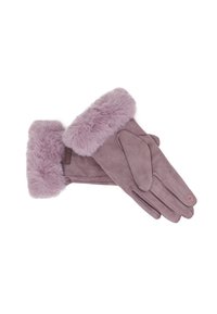 Guanti in suede viola con un morbido polsino peloso. Superficie testurizzata, decorata con un piccolo fiore vicino al polso.