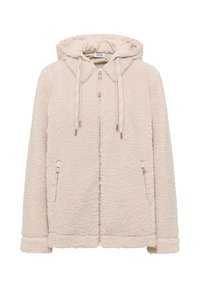 Veste en polaire beige moelleuse avec fermeture éclair avant, poches zippées et capuche rembourrée avec cordons de serrage.
