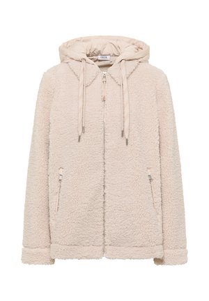 Veste en polaire beige moelleuse avec fermeture éclair avant, poches zippées et capuche rembourrée avec cordons de serrage.