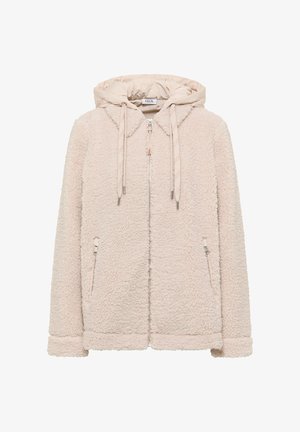 Beiger, flauschiger Fleece-Jacke mit frontalem Reißverschluss, Reißverschlusstaschen und gepolsteter Kapuze mit Kordelzügen.