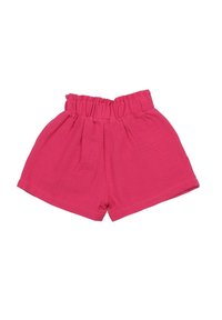 Pink cotton shorts with an elastic waistband, featuring a loose fit and a smooth texture, designed for comfort and ease of movement.
