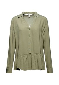 Blusa verde oliva a maniche lunghe con colletto, chiusura frontale con bottoni e orlo a peplo. Tessuto leggero con una consistenza liscia.