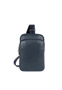 Borsa in pelle navy con chiusura zip, forma rettangolare, tracolla in tessuto regolabile e logo impresso sul fronte. Texture morbida, design minimale.