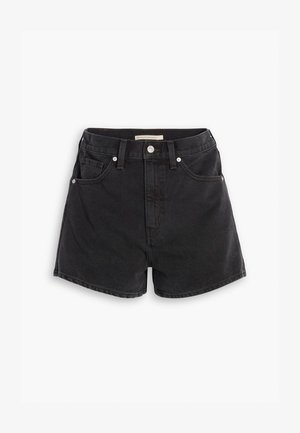 Black denim shorts with a high waist, featuring two front pockets, two back pockets, and silver-tone hardware. Smooth, slightly faded texture.