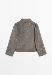 Gray wool blend jacket with a collared neckline, long sleeves, and a textured finish, featuring a relaxed, straight-cut silhouette.