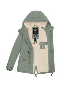 Green, hooded jacket featuring a soft, cream fleece lining, multiple pockets, and drawstrings at the waist. Brand tag visible inside.