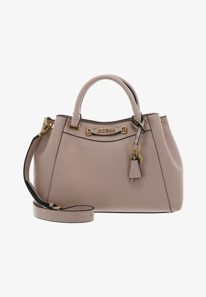 Borsa a mano in pelle rosa blush con una forma strutturata, hardware in tono oro, manici superiori, tracolla removibile e un ciondolo decorativo a forma di chiave.