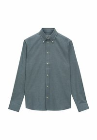 Button-up skjorte i mørk teal stof, lange ærmer, spidse kraver og lysfarvede knapper. Glat tekstur med en skræddersyet pasform.