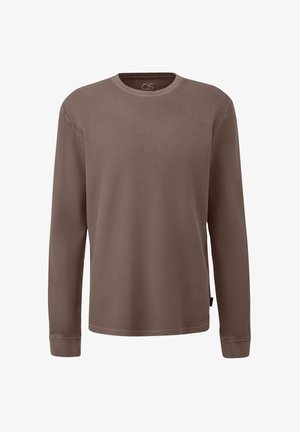 Rudonos spalvos ilgomis rankovėmis terminis marškinėlis iš siaurų briaunotų audinių, su apvaliomis kaklo iškirptėmis ir aptemptomis rankogaliais. Švarus dizainas be raštų ar grafikų.