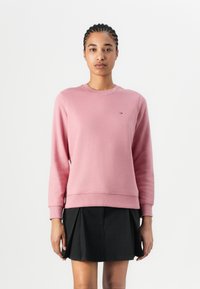 Pink sweatshirt with long sleeves, ribbed cuffs and hem, small logo detail on the chest, paired with a black pleated skirt.