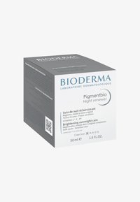 Scatola Bioderma Pigmentbio Night Renewer, parte superiore grigia, base bianca, contiene informazioni sul prodotto, 50 ml, codice QR sul lato.