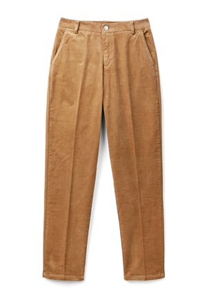 Braune Corduroy-Hosen im geraden Schnitt mit vorderen Taschen, Gürtelschlaufen und einem Knopfverschluss auf einem weißen Hintergrund.