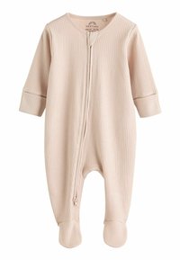 Hellrosa Baby-Overall aus geripptem Stoff, mit einem Reißverschluss vorne, langen Ärmeln und Fußdesign mit weichen Bündchen.