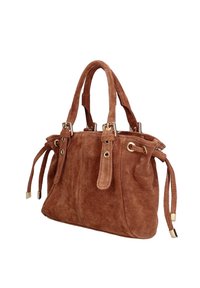 Bruin suède handtas met dubbele handgrepen aan de bovenkant, gouden hardware-accenten, trekkoorddetails aan de zijkanten en een gestructureerde vorm.