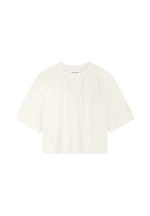 Witte cropped top met korte mouwen, een ronde hals en een label aan de binnenkant van de kraag.