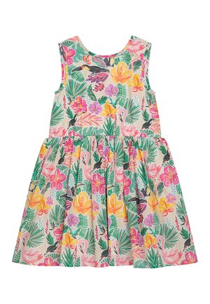 Blumenkleid mit ärmellosem Design, das ein farbenfrohes Muster aus tropischen Blumen, Flamingos und Tukanen auf hellem Hintergrund zeigt.