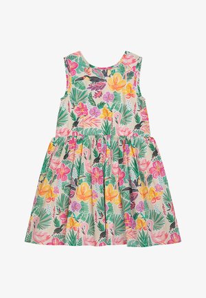 Blumenkleid mit ärmellosem Design, das ein farbenfrohes Muster aus tropischen Blumen, Flamingos und Tukanen auf hellem Hintergrund zeigt.
