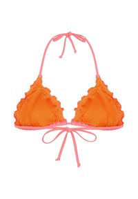Oranger Bikini-Oberteil mit pinken Rüschenakzenten, dreieckigen Cups und verstellbaren Bindebändern am Hals und Rücken. Glatte Textur und leichtes Material.