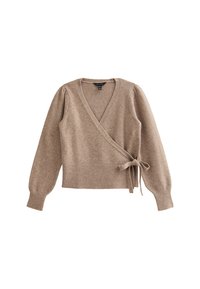 Brauner Wickelpullover aus weichem Material, mit tiefem V-Ausschnitt, langen Puffärmeln, geripptem Saum und seitlichem Bindeband.