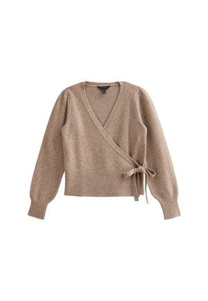Pull marron enroulé, fabriqué en matériau doux, avec un décolleté en V profond, des manches bouffantes longues, un ourlet côtelé et un détail à nouer sur le côté.