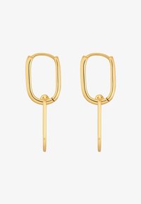 Pendientes de metal en tono dorado que presentan un diseño de aro rectangular con una barra delgada y alargada que se extiende hacia abajo para un detalle adicional.