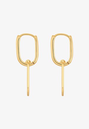 Goldfarbene Metallohrringe mit einem rechteckigen Hoops-Design und einem schlanken, geraden, verlängerten Stab, der nach unten verläuft und zusätzlichen Detail bietet.