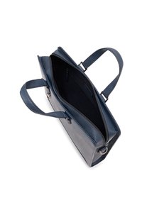 Marineblaues Lederhandtasche mit zwei Griffen, rechteckiger Form und Reißverschlussverschluss. Das Innere verfügt über ein Fach und eine kleine Reißverschlusstasche.