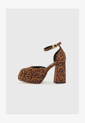 Leopard print platform shoes with a thick block heel, ankle strap, and soft textured fabric in brown and black colors.